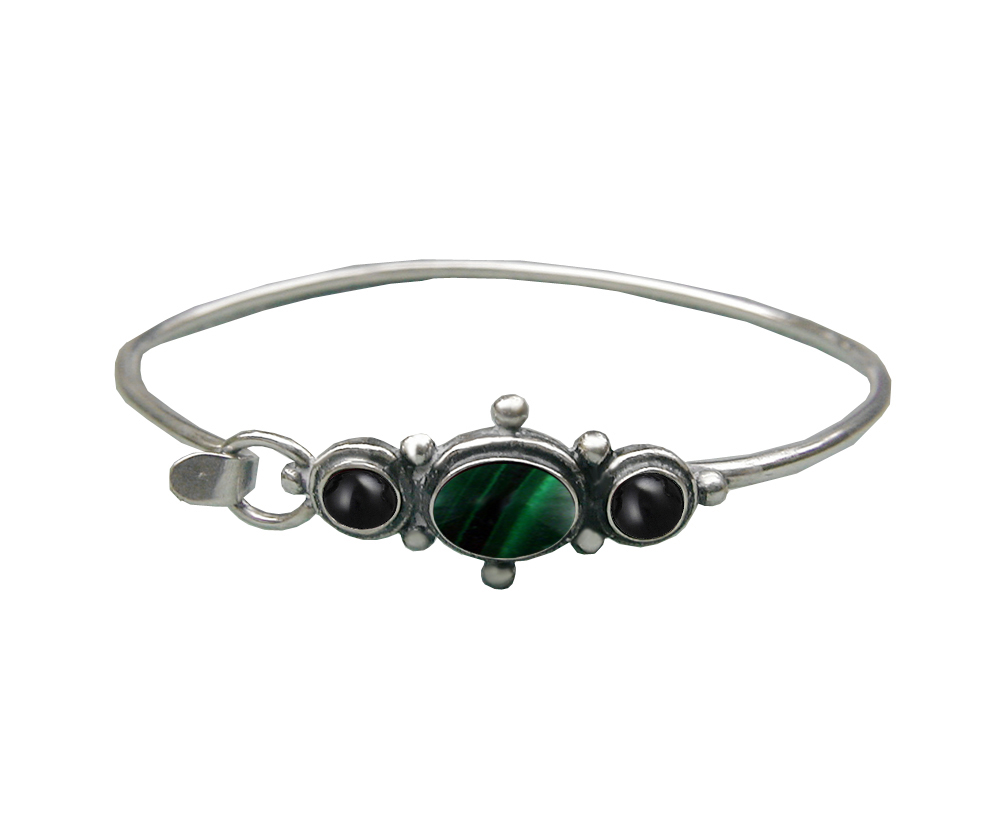 Sterling Silver Strap Latch Spring Hook Bangle Bracelet Malachite And Black Onyx
